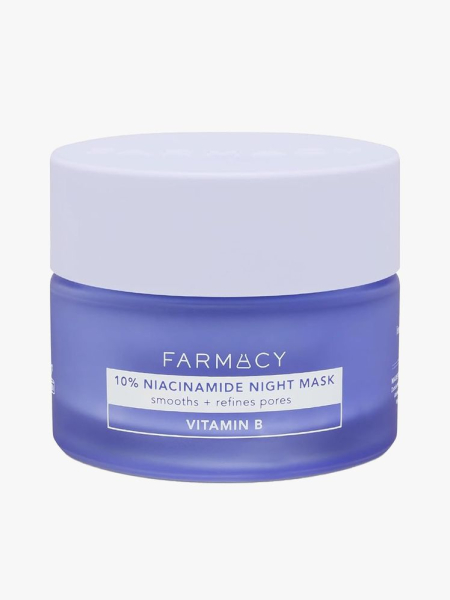 Farmacy 10% Niacinamide Night Mask in branded tub component on a light gray background